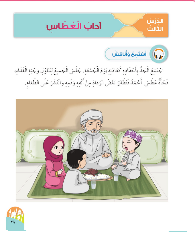 حل أسئلة الدرس (3) آداب العطاس – ديني حياتي صف أول فصل أول