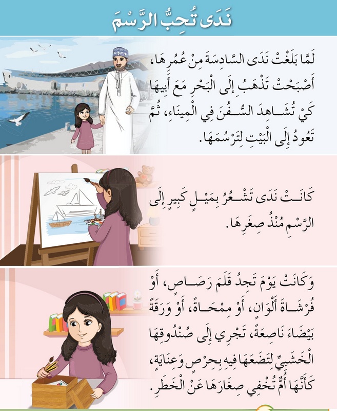 حل أسئلة الدرس (1) ندى تحب الرسم – أحب لغتي صف أول فصل ثاني – 2026