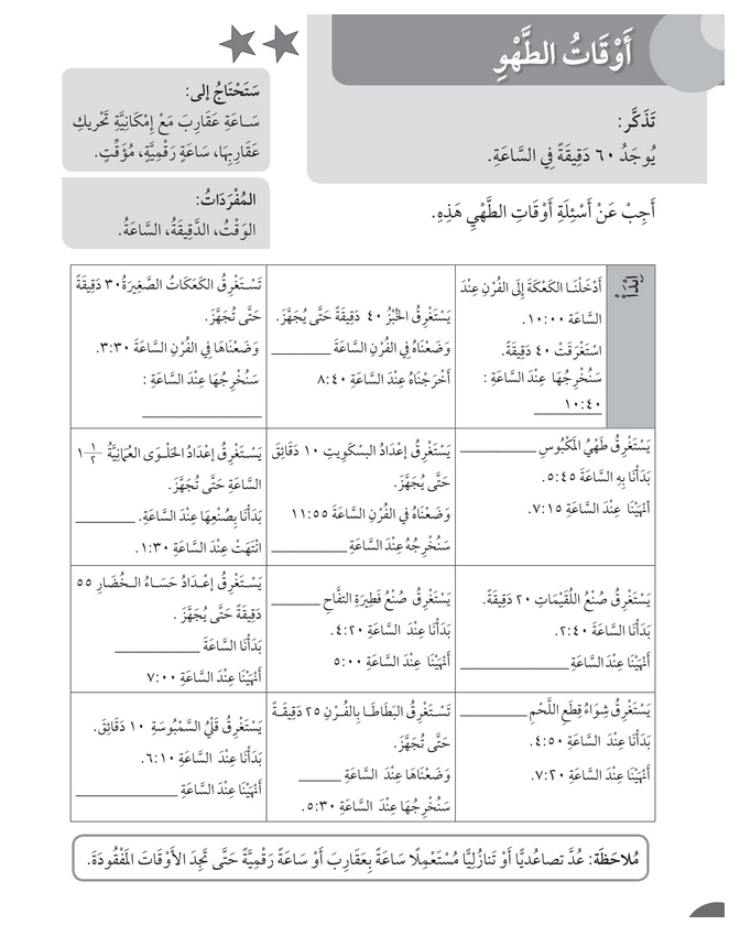 حل أسئلة درس أوقات الطهو – رياضيات صف ثالث فصل ثاني – 2026