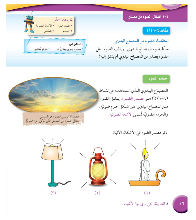 حل درس انتقال الضوء من مصدر – علوم صف خامس فصل ثاني – 2026