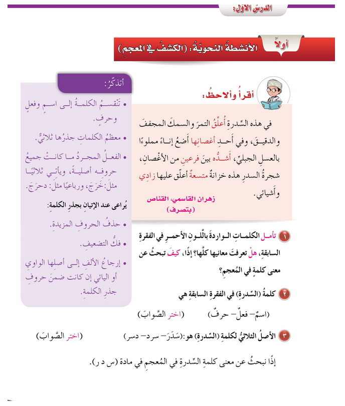 الدرس (1) الأنشطة النحوية – الكشف في المعجم