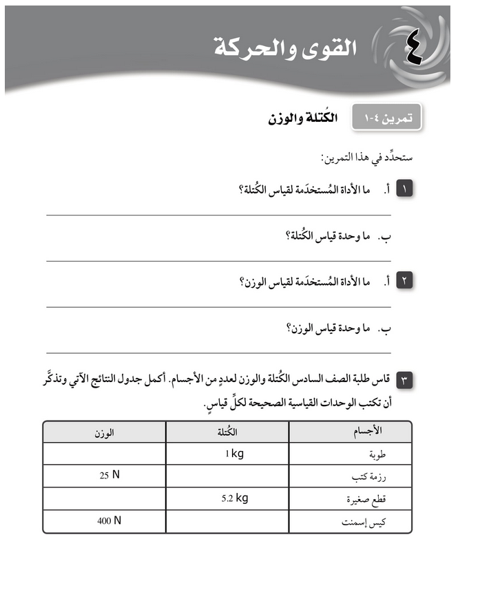 حل دروس الوحدة (4) القوى والحركة – علوم صف سادس فصل ثاني – 2026