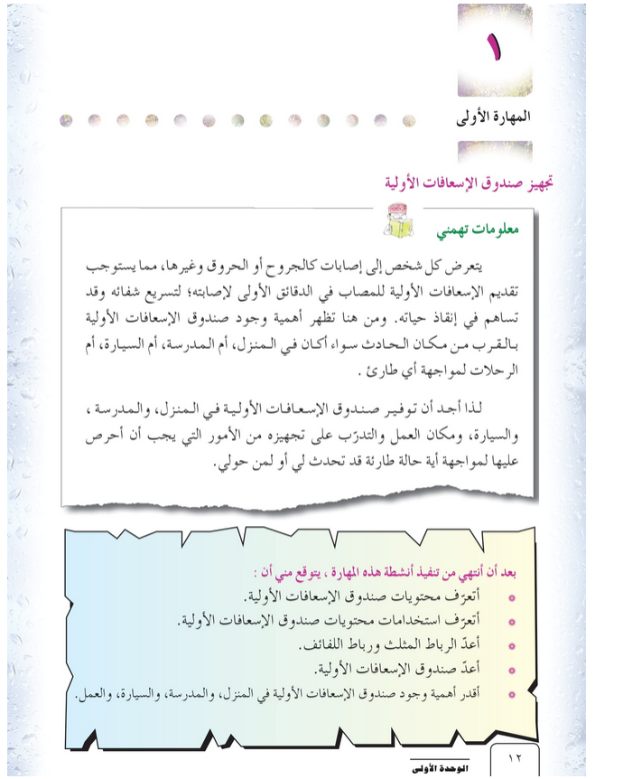 حل المهارة (1) تجهيز صندوق الإسعافات الأولية – مهارات حياتية صف سادس فصل ثاني