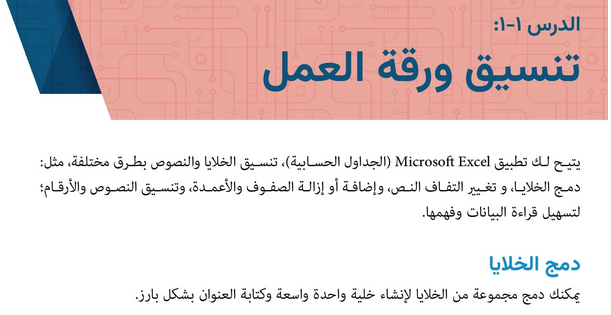 حل الدرس (1) تنسيق ورقة العمل – تقنية المعلومات صف سادس فصل أول – 2026