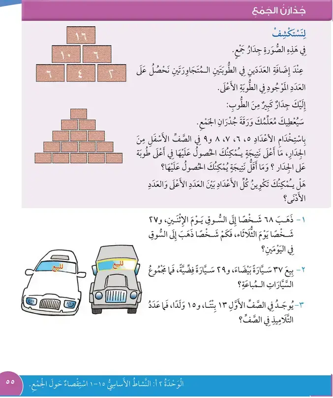 حل درس جدران الجمع – رياضيات صف ثالث فصل أول – كتاب الطالب