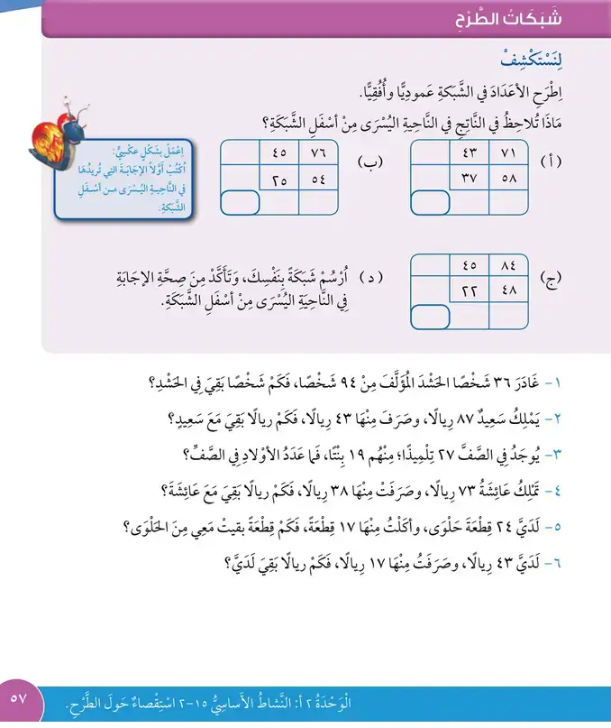 حل درس شبكات الطرح – رياضيات صف ثالث فصل أول – كتاب الطالب