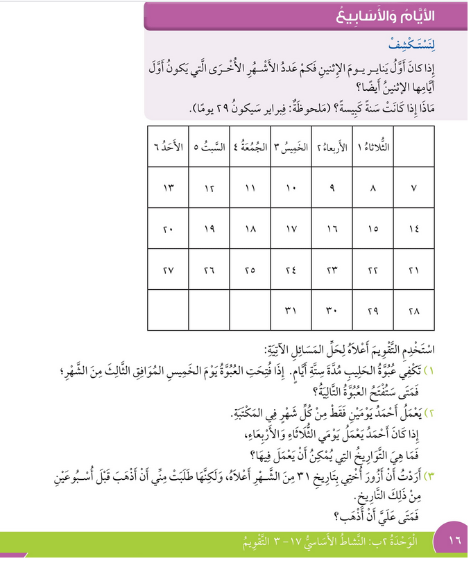 حل درس الأيام والأسابيع – رياضيات صف ثالث فصل ثاني – كتاب الطالب