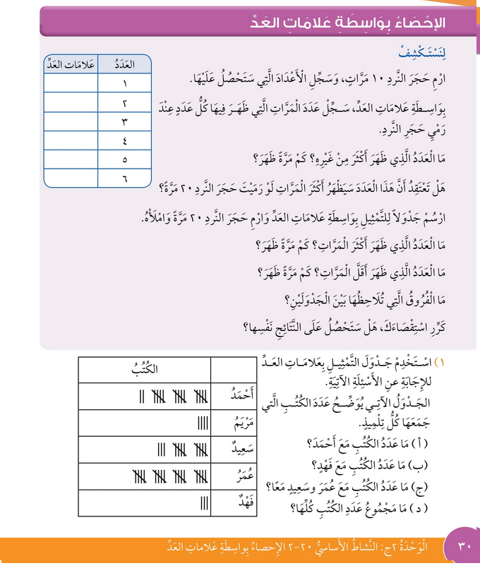 حل درس الإحصاء بواسطة علامات العد – رياضيات صف ثالث فصل ثاني – كتاب الطالب