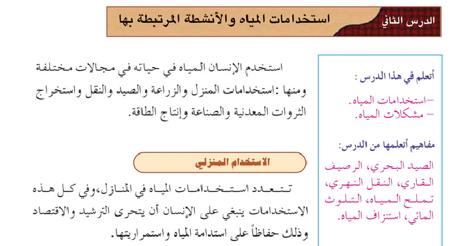 حل الدرس (2) استخدامات المياه والأنشطة المرتبطة بها – دراسات اجتماعية ثامن فصل ثاني