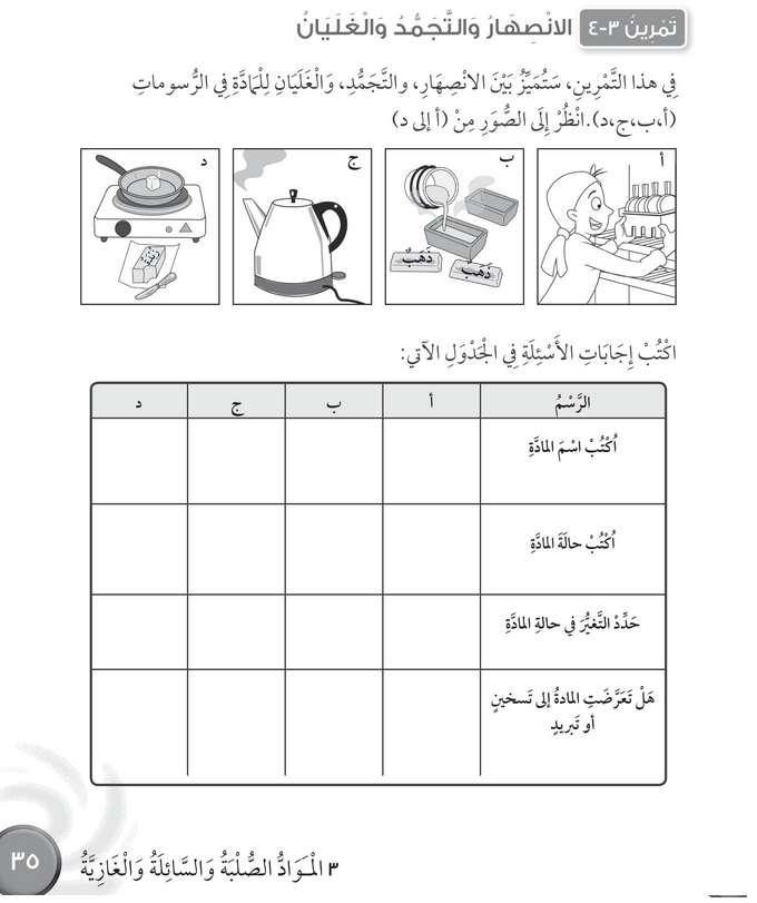 حل تمرين 3-4 الانصهار والتجمد والغليان – علوم صف رابع فصل أول – كتاب النشاط