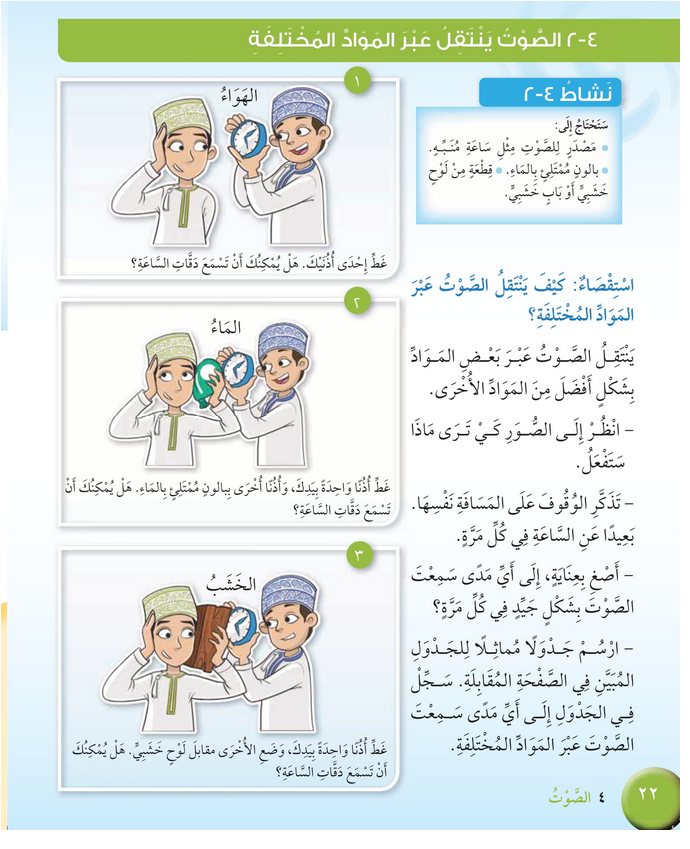 حل درس الصوت ينتقل عبر المواد المختلفة – علوم صف رابع فصل ثاني – كتاب الطالب