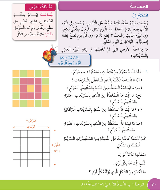 حل درس المساحة – رياضيات صف رابع فصل أول – كتاب الطالب – 2026