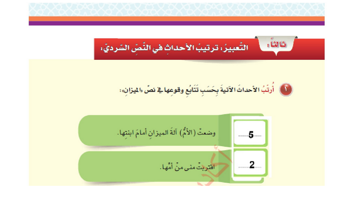 حل الدرس (3) ترتيب الأحداث في النص السردي – لغتي الجميلة صف خامس فصل أول