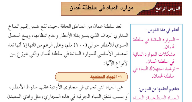 حل الدرس (4) موارد المياه في سلطنة عمان – دراسات اجتماعية ثامن فصل ثاني